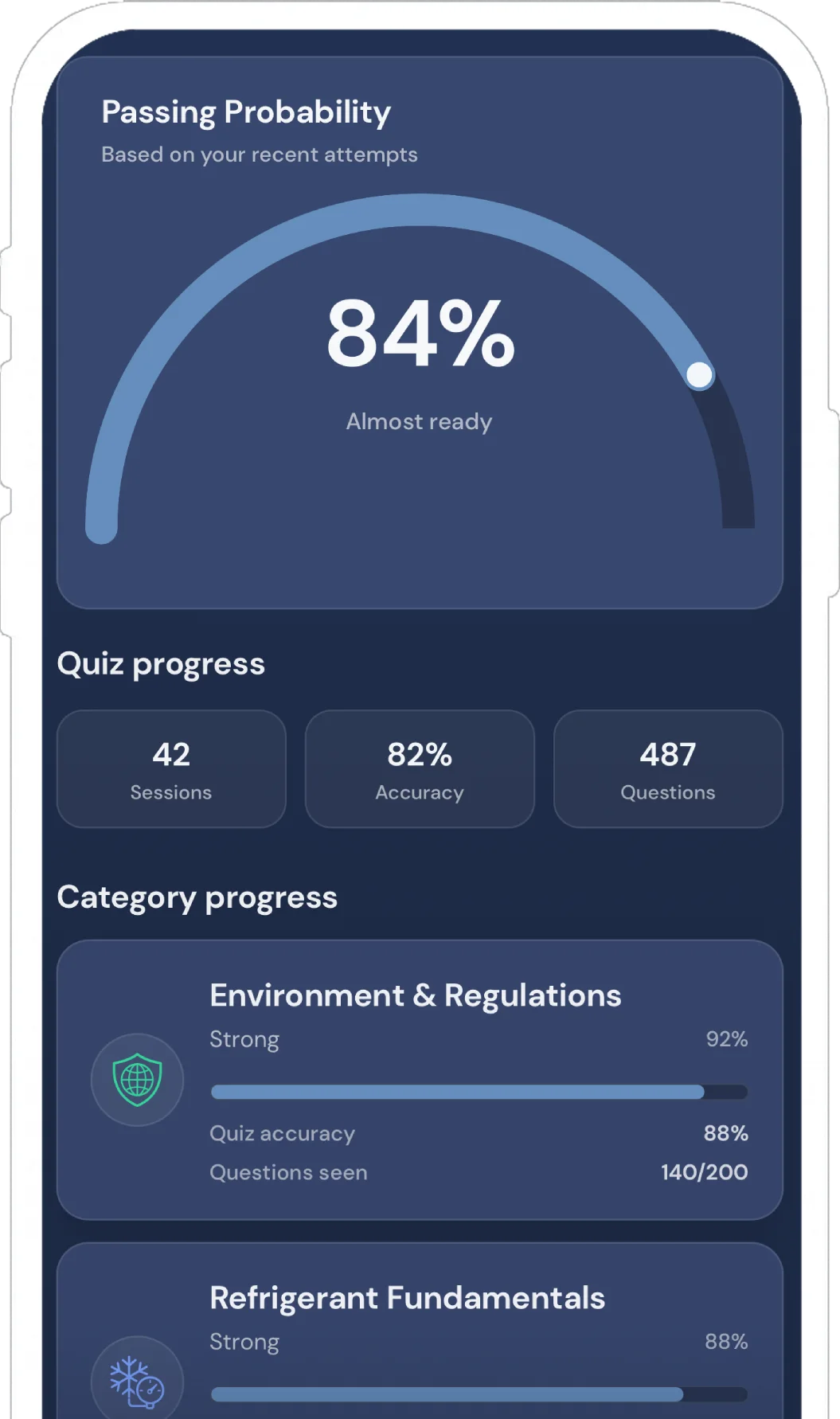 EPA 608 Pro progress and mastery tracking